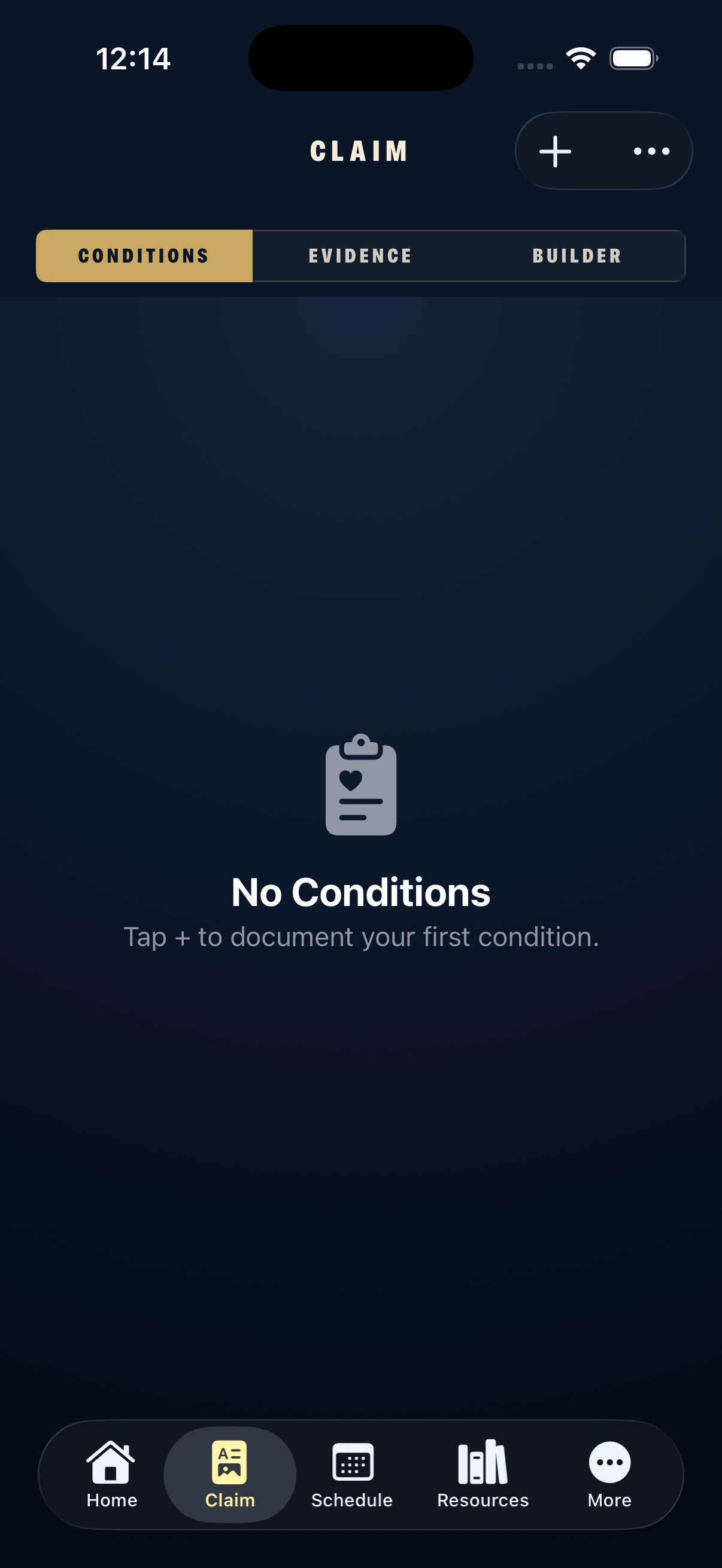 Claim screen with conditions, evidence, and builder tabs