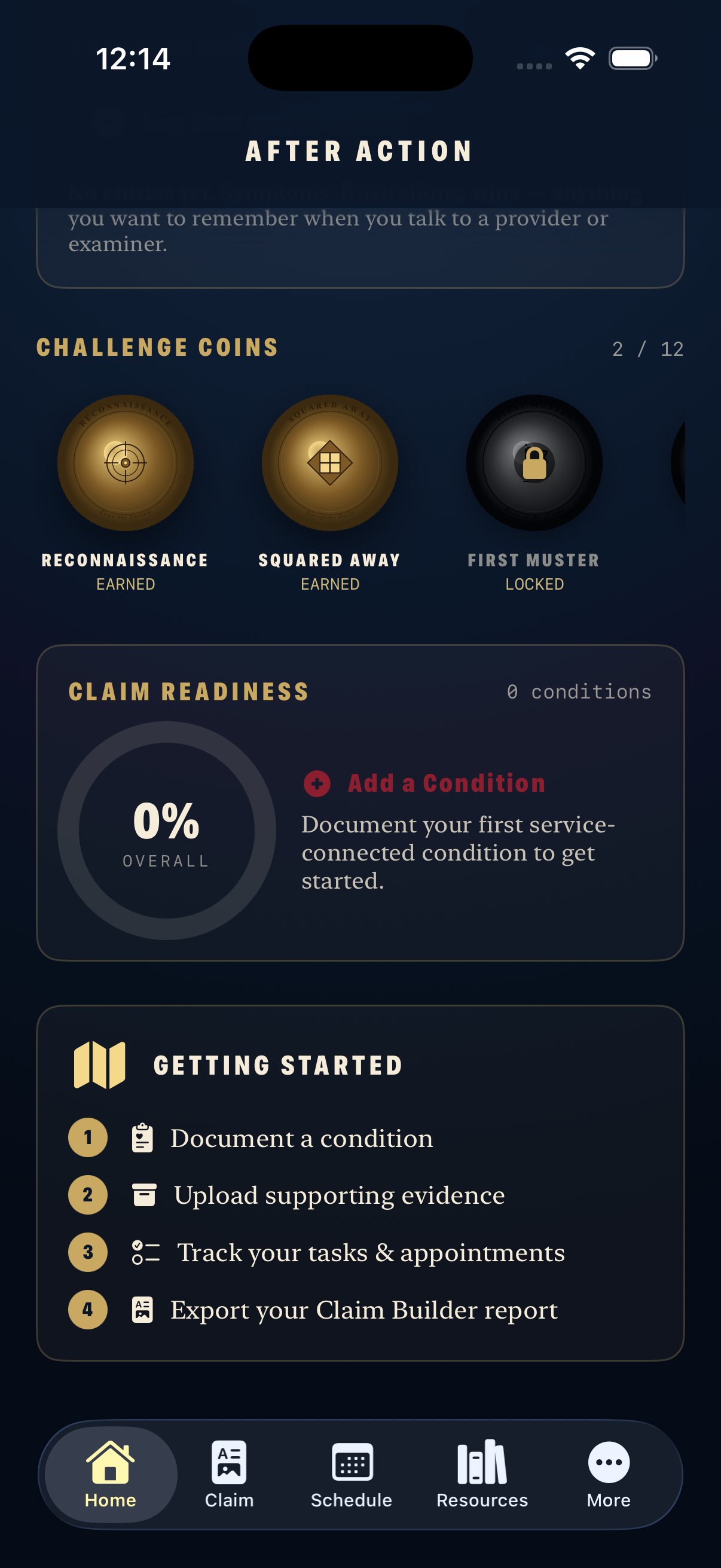 Claim readiness screen with challenge coins and progress tracking