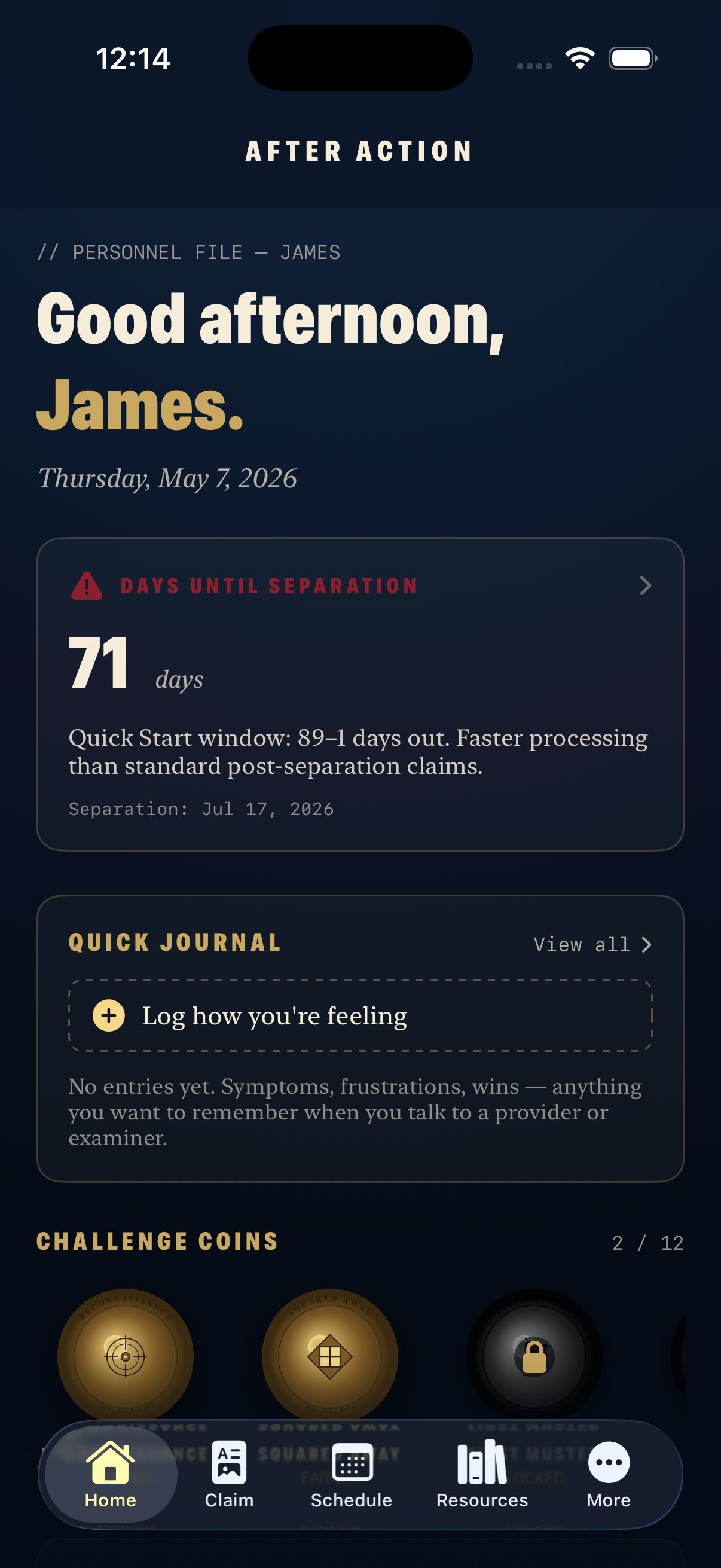 After Action home screen showing days until separation, quick journal, and challenge coins